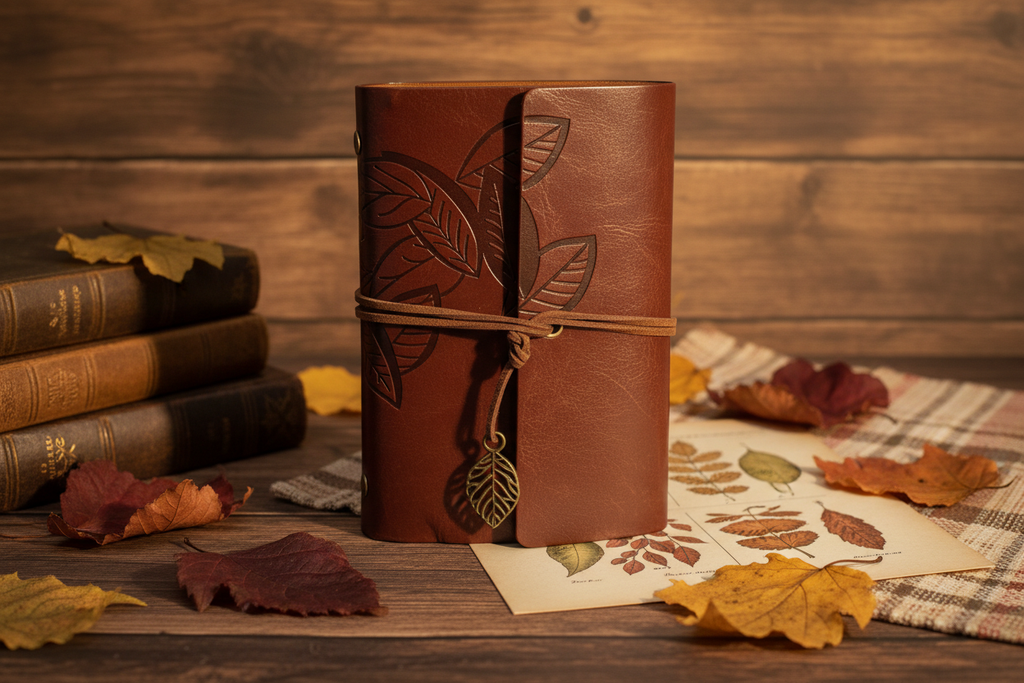 Bloco A6 castanho com folhas e fundo vintage