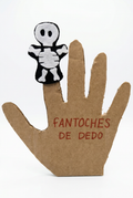 Fantoche de dedo de esqueleto na mão de cartão, sem preço, sobre fundo branco (vertical)
