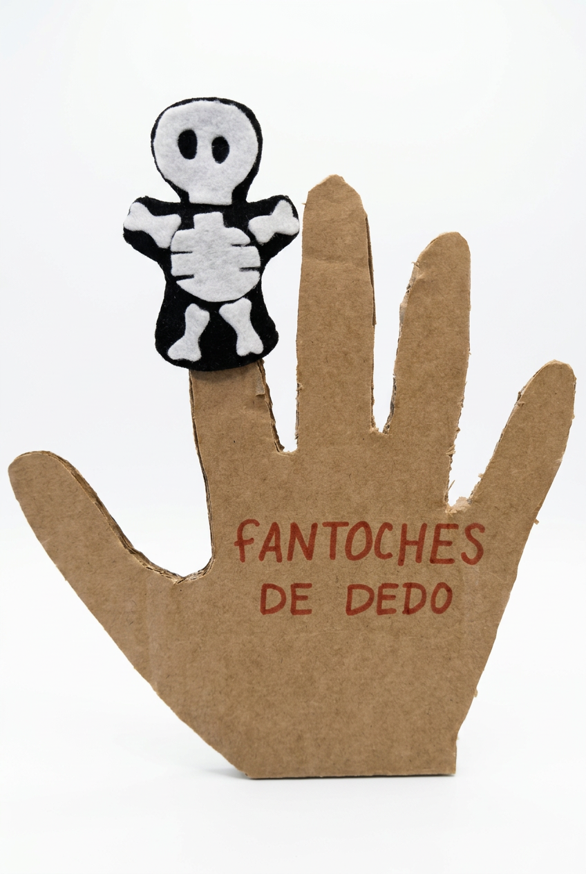Fantoche de dedo de esqueleto na mão de cartão, sem preço, sobre fundo branco (vertical)