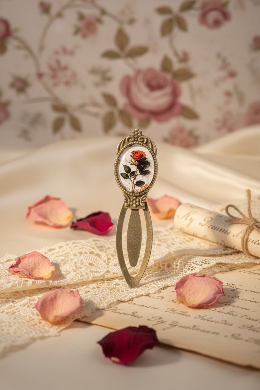 Marcador Vintage com Rosa Vermelha